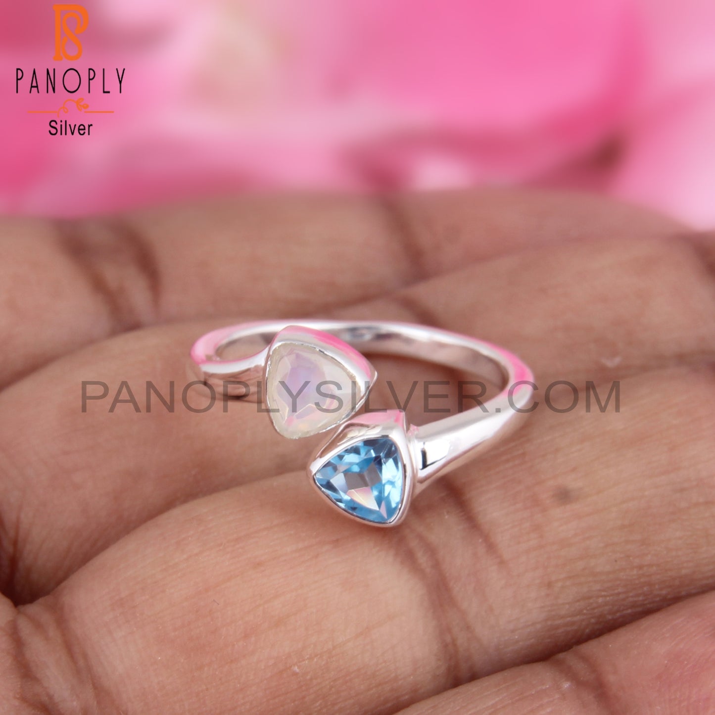 Ethiopian Opal & Blue Topaz Triangular Shape 925 Silver Ring