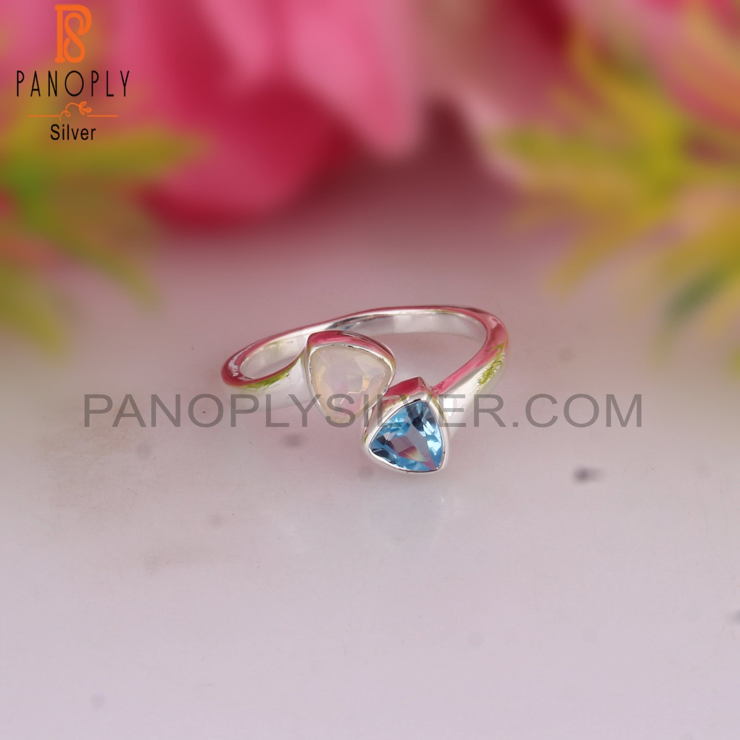 Ethiopian Opal & Blue Topaz Triangular Shape 925 Silver Ring