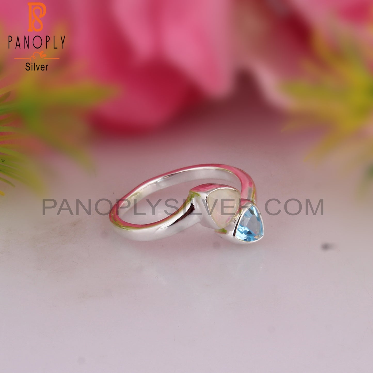 Ethiopian Opal & Blue Topaz Triangular Shape 925 Silver Ring