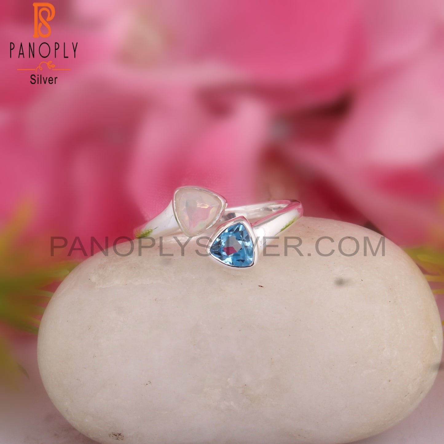 Ethiopian Opal & Blue Topaz Triangular Shape 925 Silver Ring
