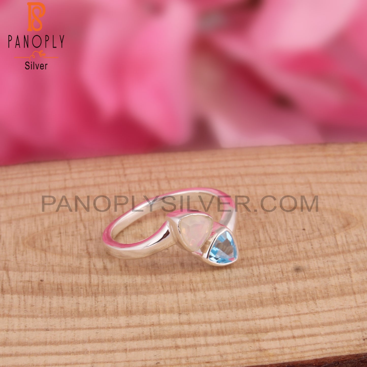 Ethiopian Opal & Blue Topaz Triangular Shape 925 Silver Ring