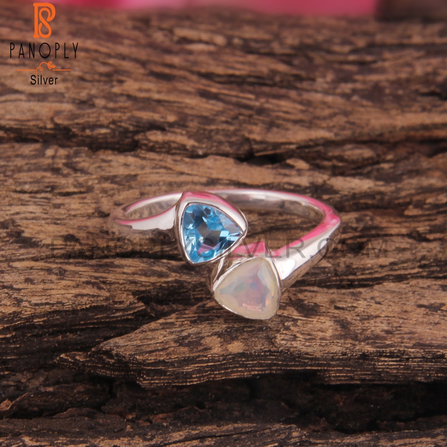 Ethiopian Opal & Blue Topaz Triangular Shape 925 Silver Ring