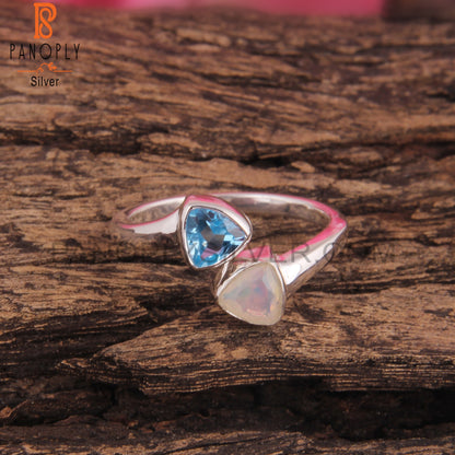 Ethiopian Opal & Blue Topaz Triangular Shape 925 Silver Ring