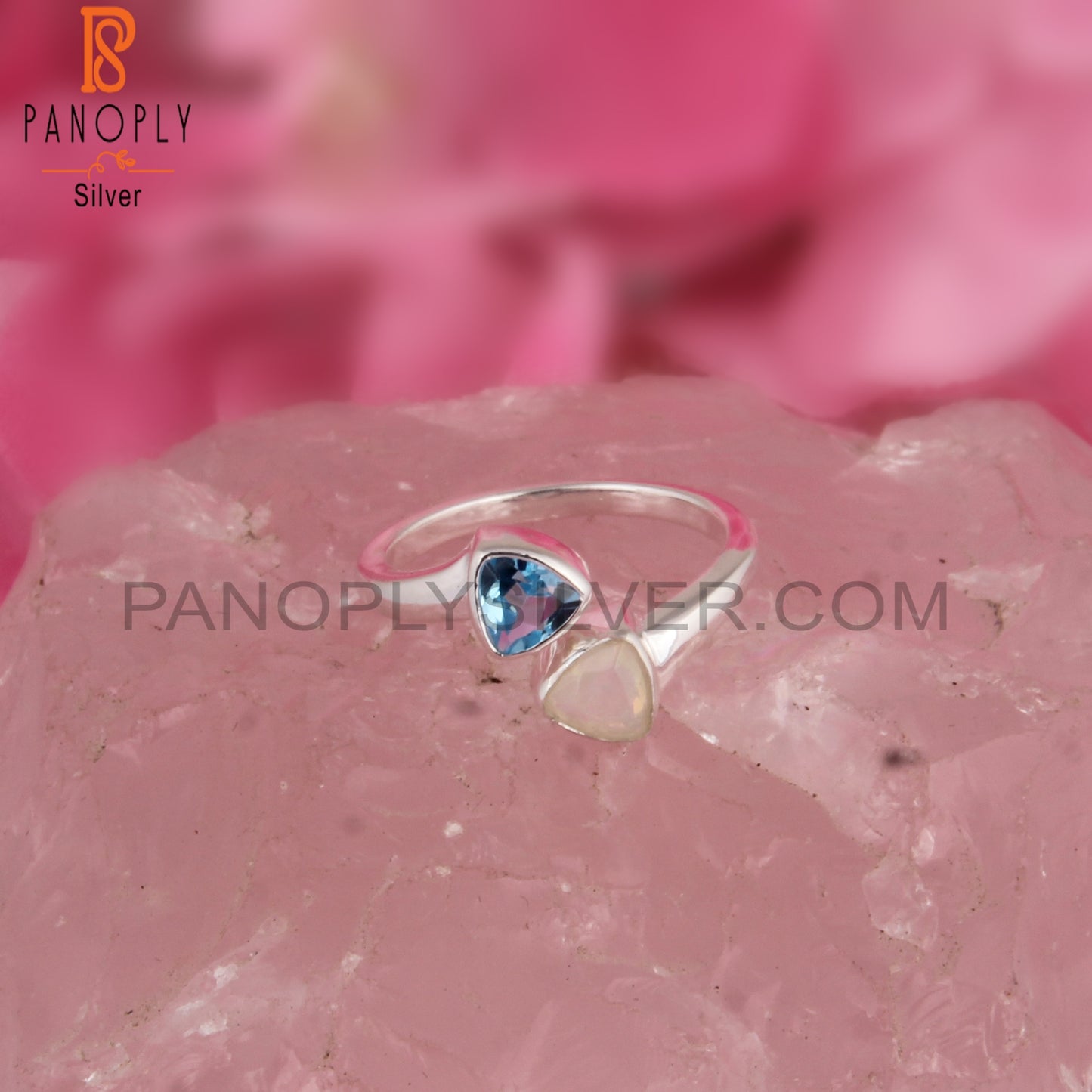 Ethiopian Opal & Blue Topaz Triangular Shape 925 Silver Ring