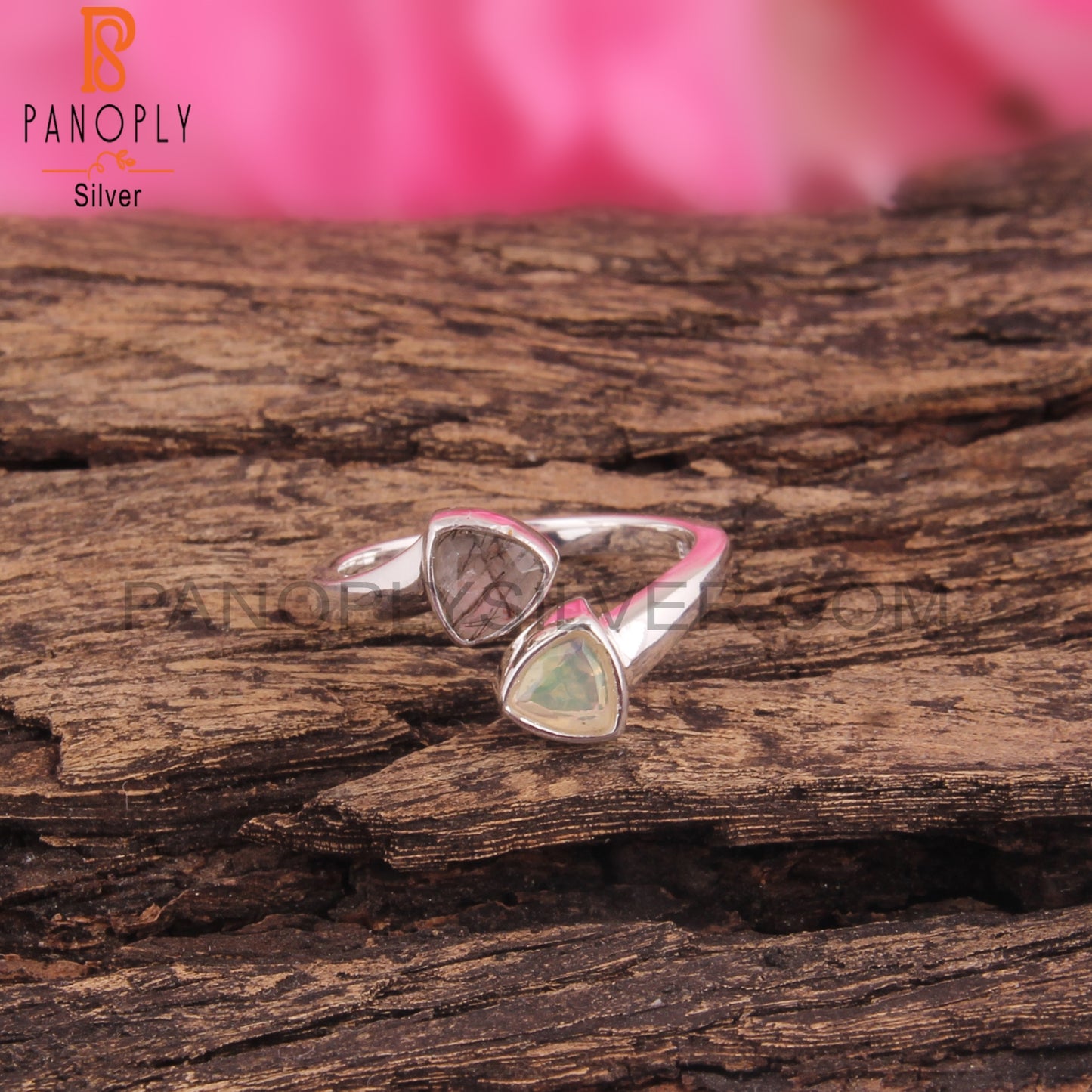 Black Rutile & Ethiopian Opal Bypass 925 Silver Ring
