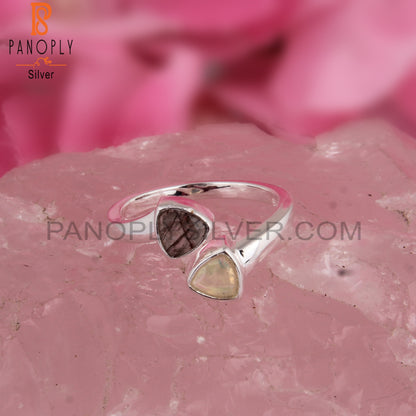 Black Rutile & Ethiopian Opal Bypass 925 Silver Ring