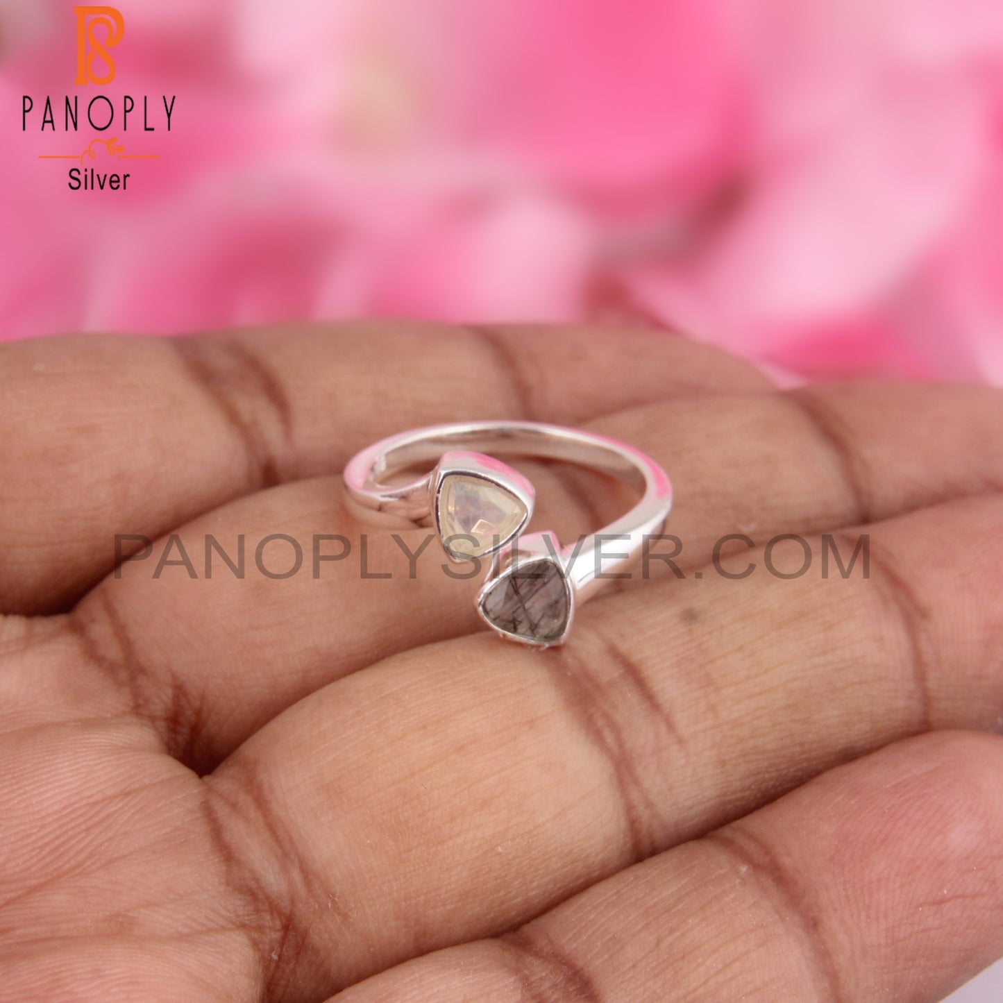 Black Rutile & Ethiopian Opal Bypass 925 Silver Ring