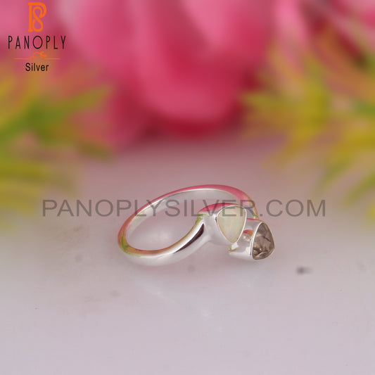 Ethiopian Opal & Smoky Trillion Shape 925 Sterling Silver Ring