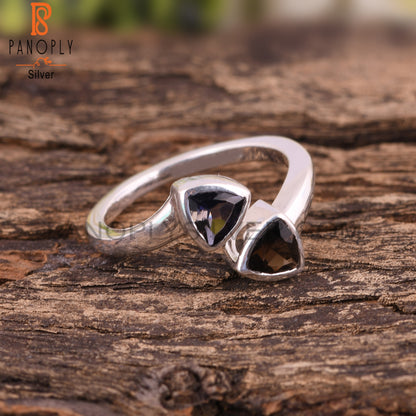 Smoky & Iolite Trillion Shape 925 Sterling Silver Ring