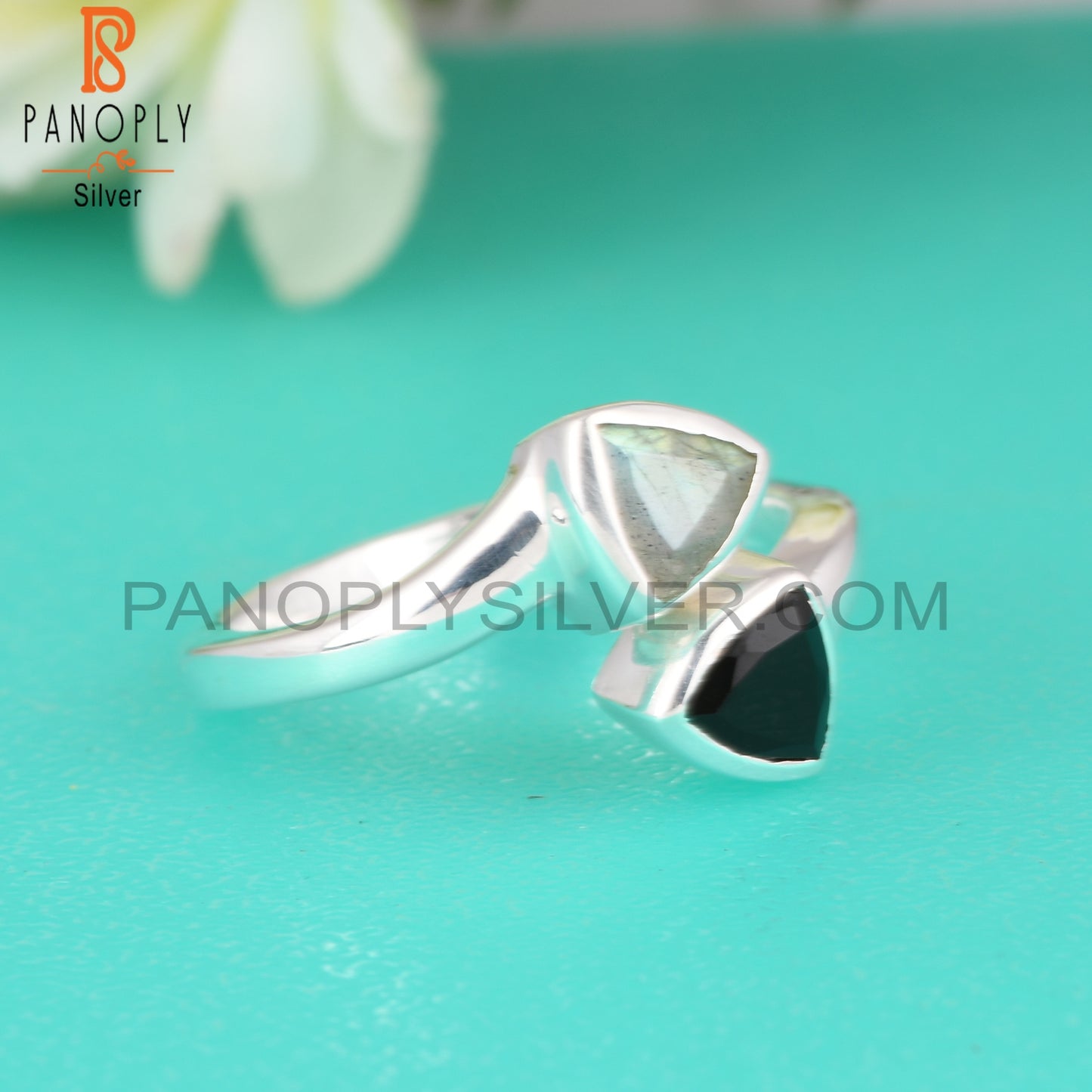 Labradorite & Black Onyx Trillion 925 Silver Ring