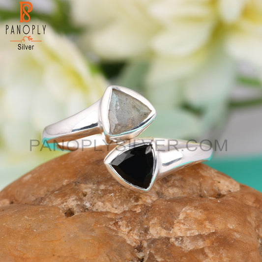 Labradorite & Black Onyx Trillion 925 Silver Ring