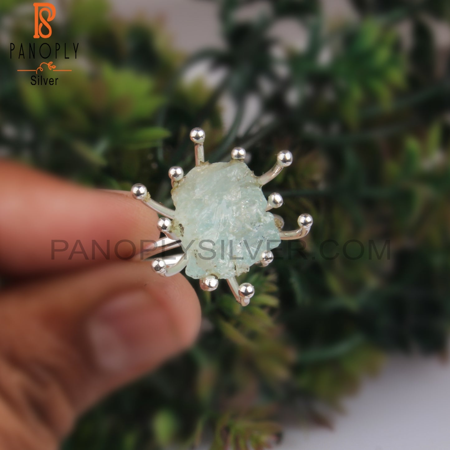 Aquamarine Rough 925 Sterling Silver Crown Ring