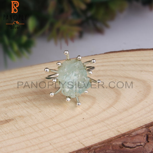 Aquamarine Rough 925 Sterling Silver Crown Ring