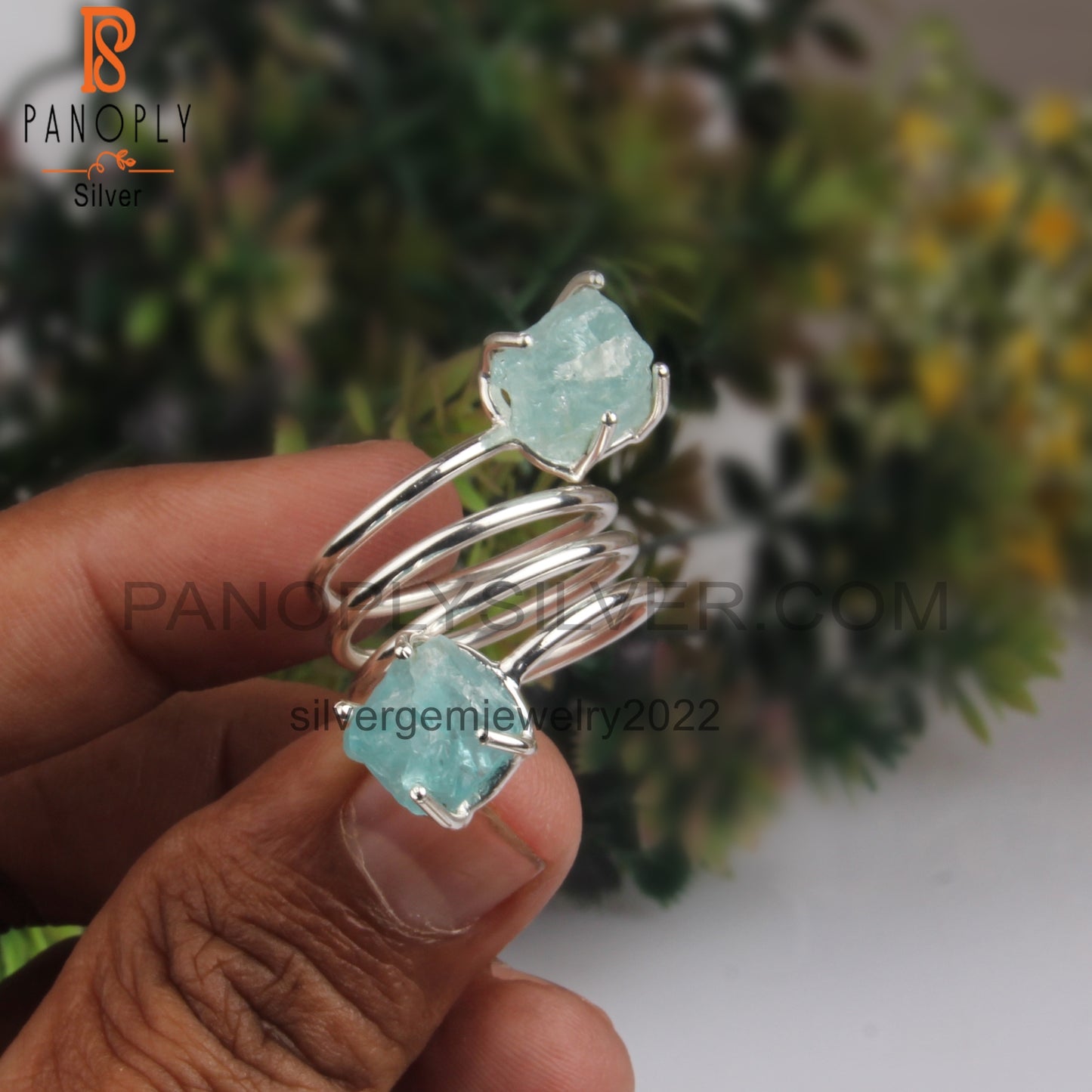 Aquamarine & Apatite Rough 925 Sterling Silver Twist Ring