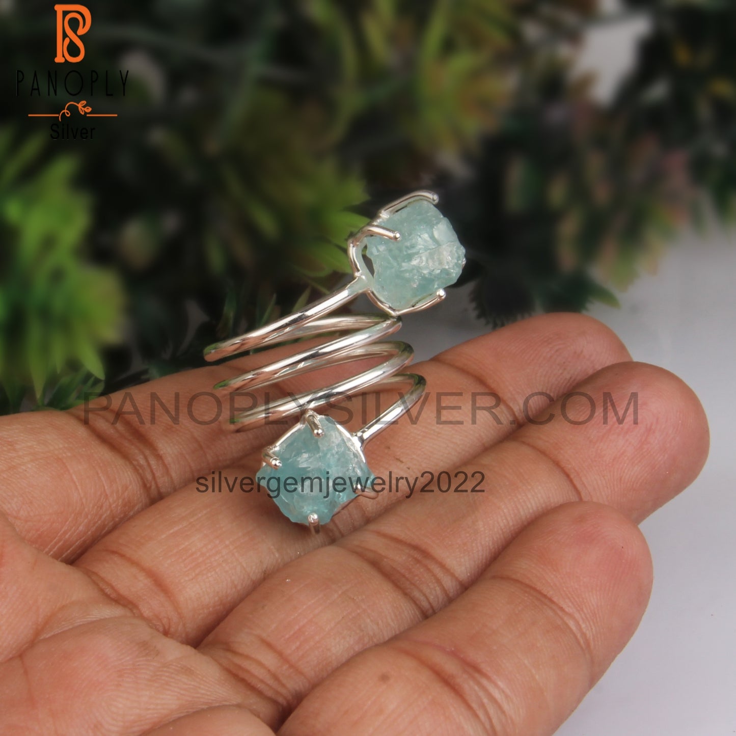 Aquamarine & Apatite Rough 925 Sterling Silver Twist Ring