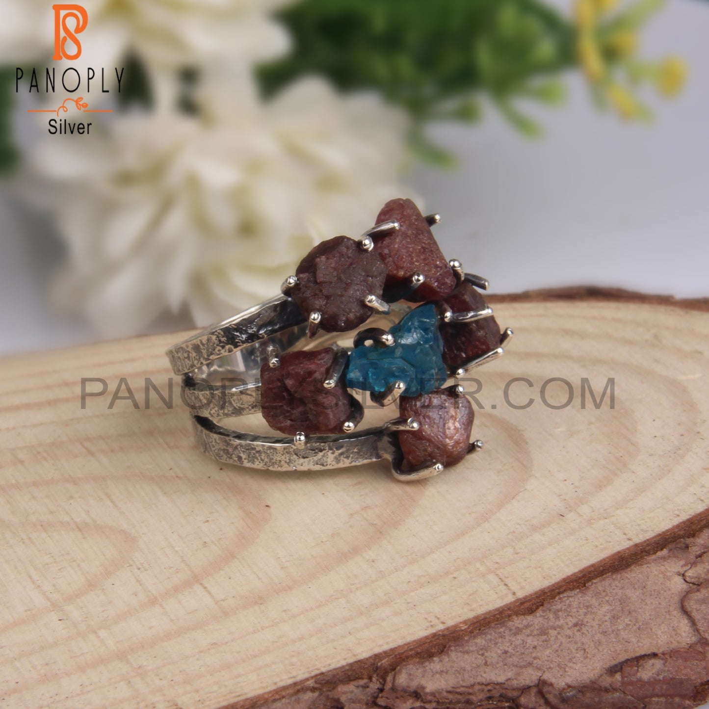 Neon Apatite & Ruby Rough 925 Sterling Silver Ring