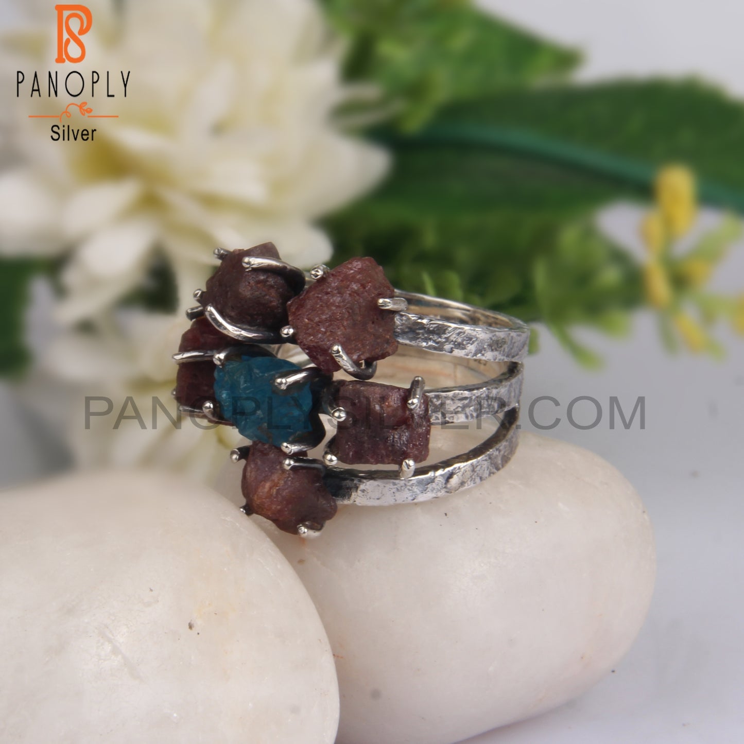 Neon Apatite & Ruby Rough 925 Sterling Silver Ring