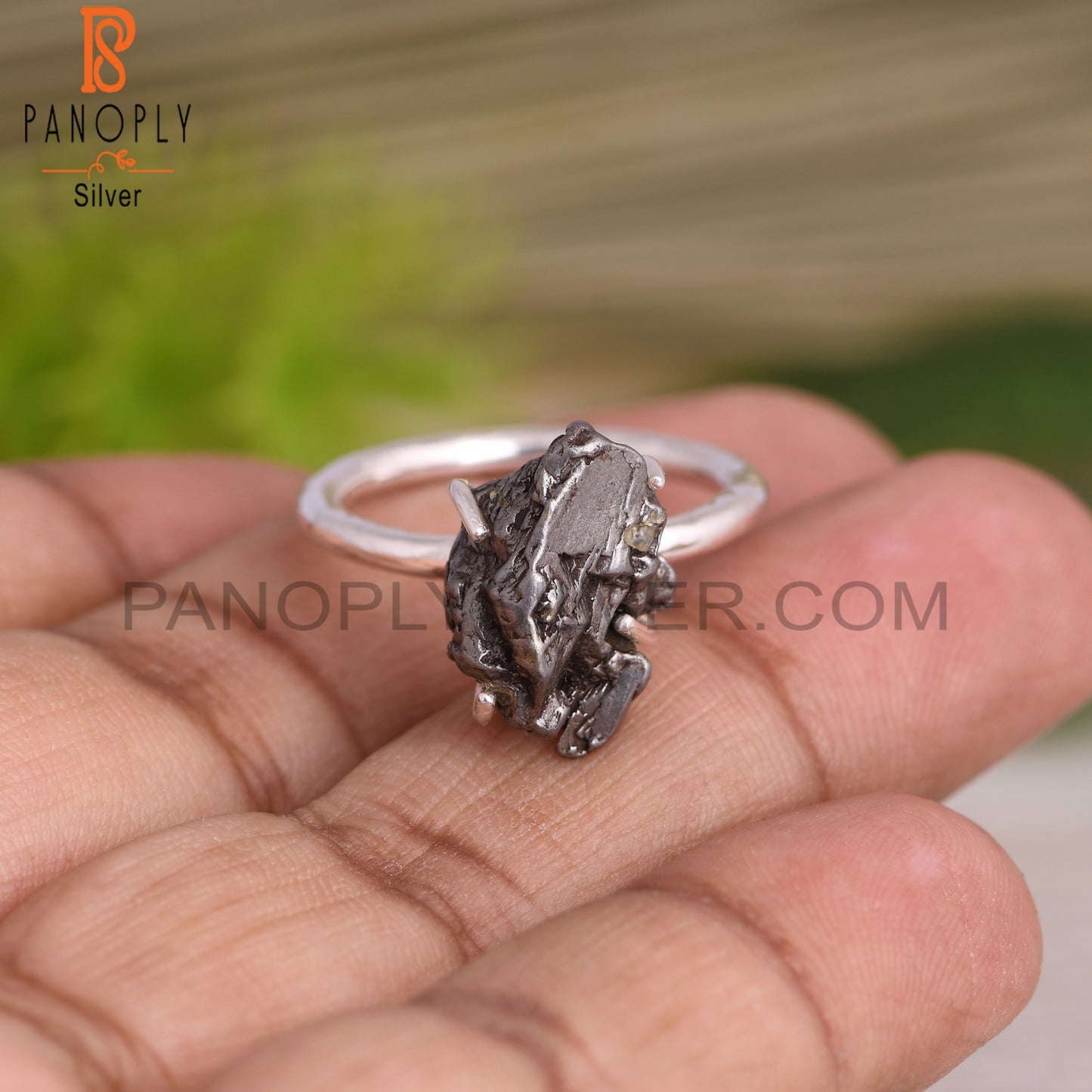 Meteorite Rough 925 Sterling Silver Ring, Prong Set Ring