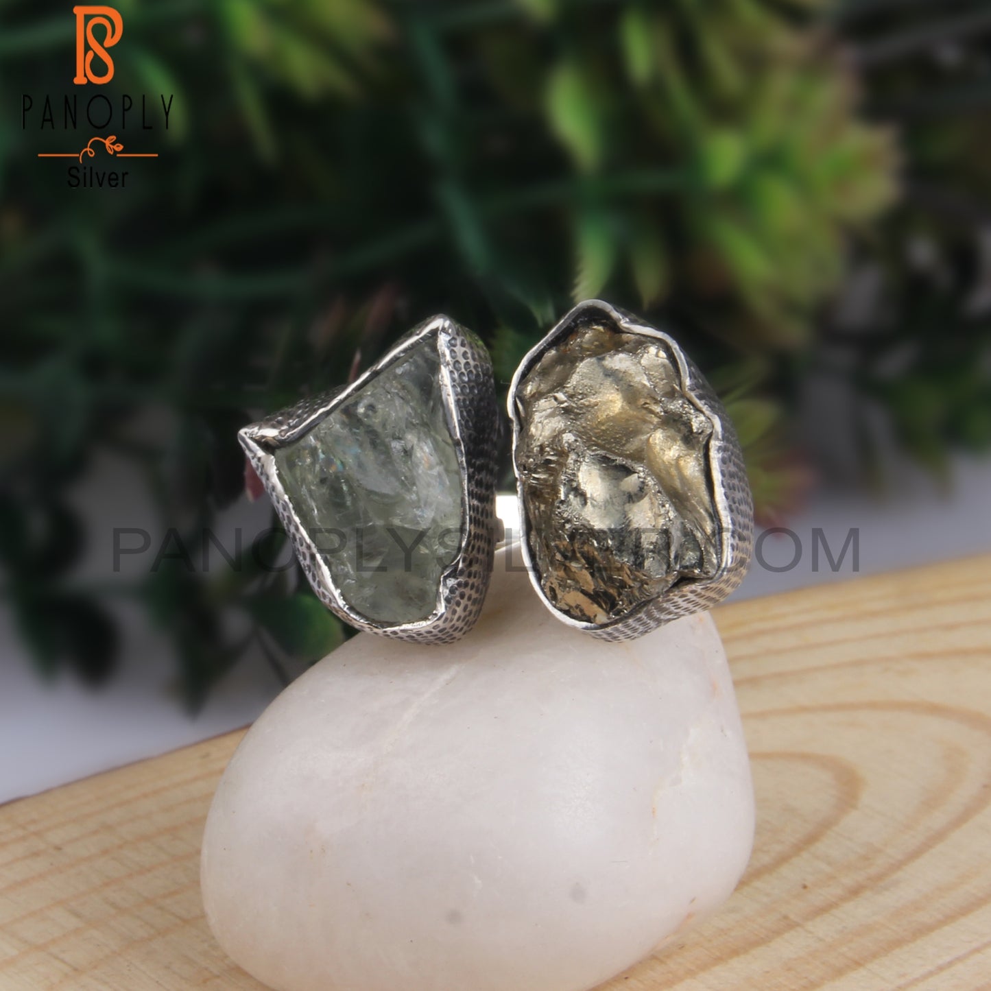 Green Amethyst & Pyrite Rough 925 Sterling Silver Ring