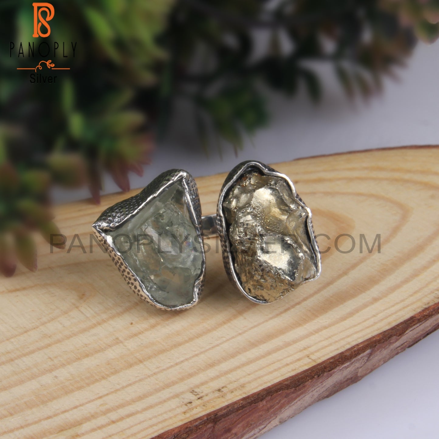 Green Amethyst & Pyrite Rough 925 Sterling Silver Ring