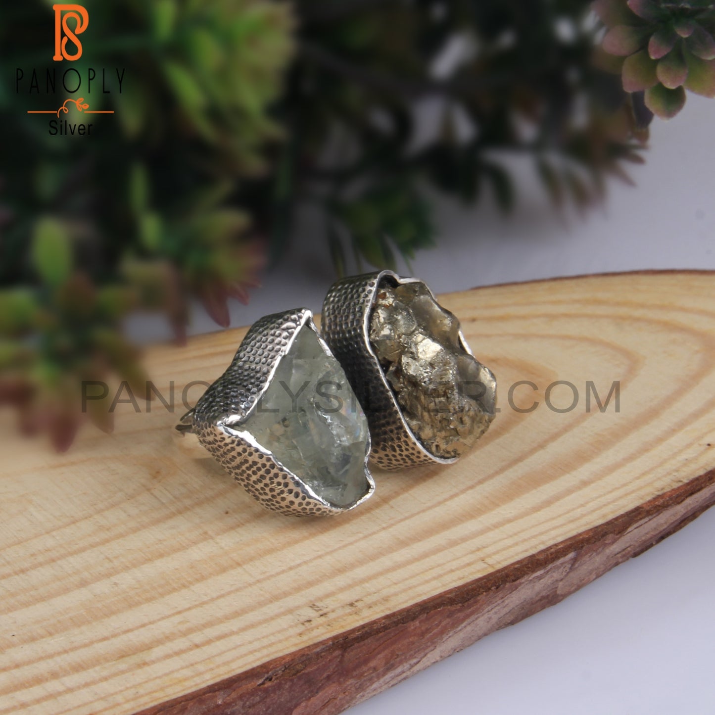 Green Amethyst & Pyrite Rough 925 Sterling Silver Ring