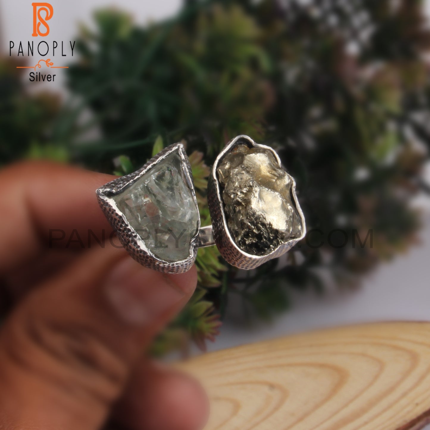 Green Amethyst & Pyrite Rough 925 Sterling Silver Ring