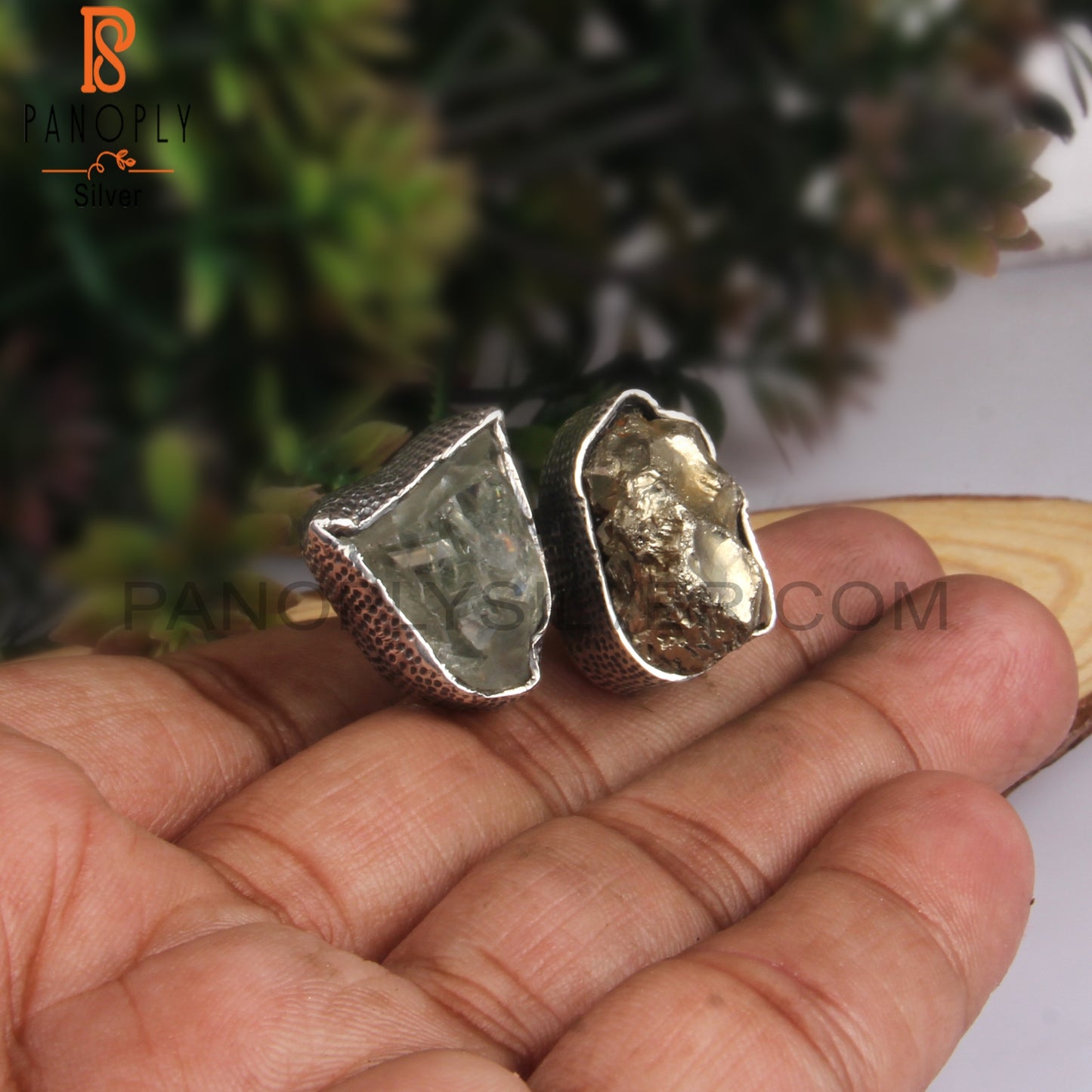 Green Amethyst & Pyrite Rough 925 Sterling Silver Ring