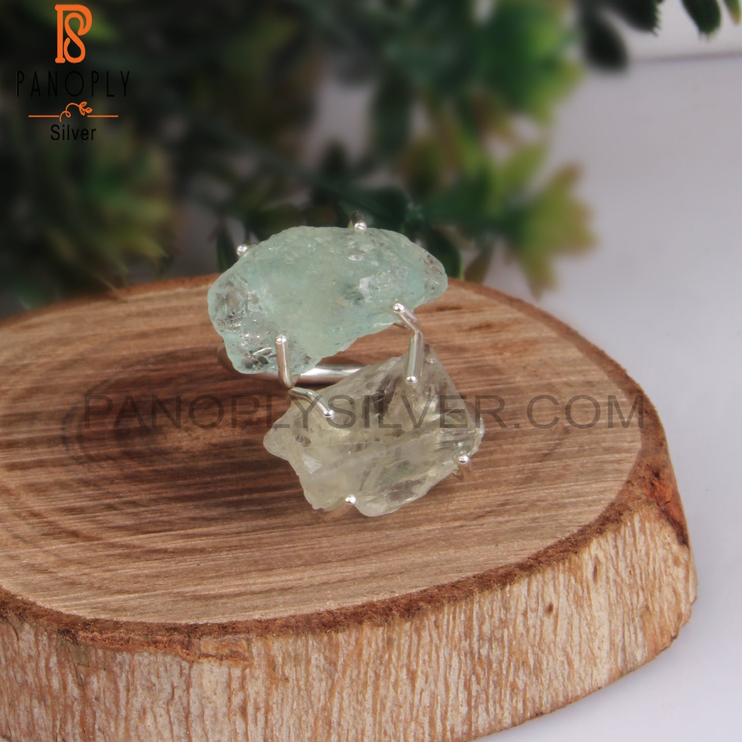 Aquamarine & Green Amethyst Rough 925 Sterling Silver Ring