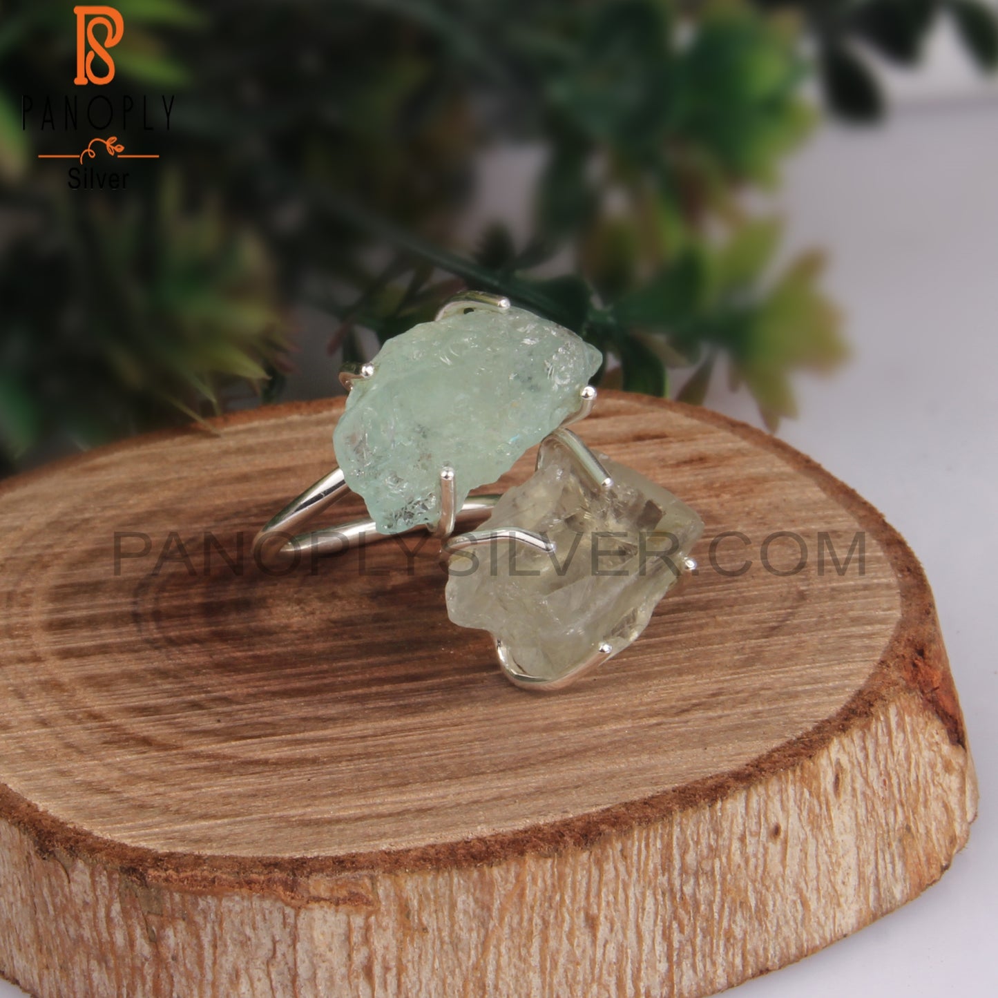 Aquamarine & Green Amethyst Rough 925 Sterling Silver Ring