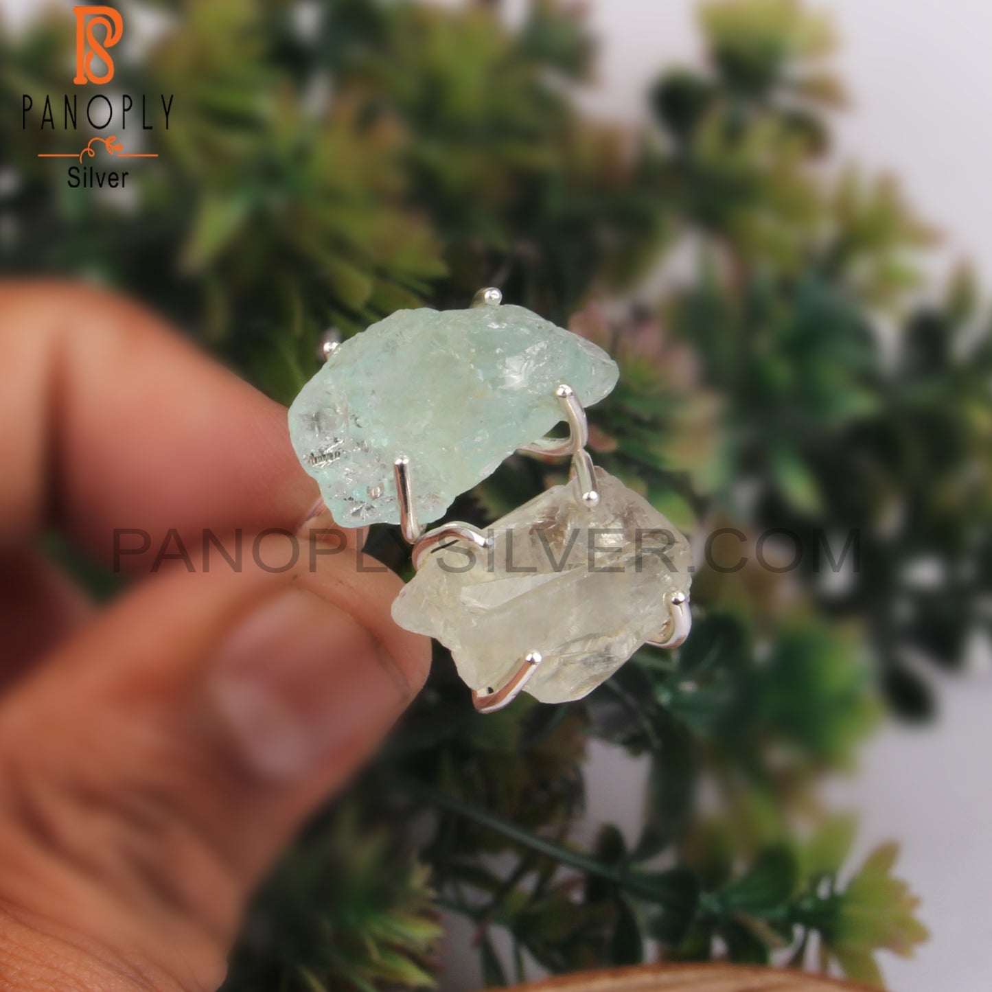 Aquamarine & Green Amethyst Rough 925 Sterling Silver Ring