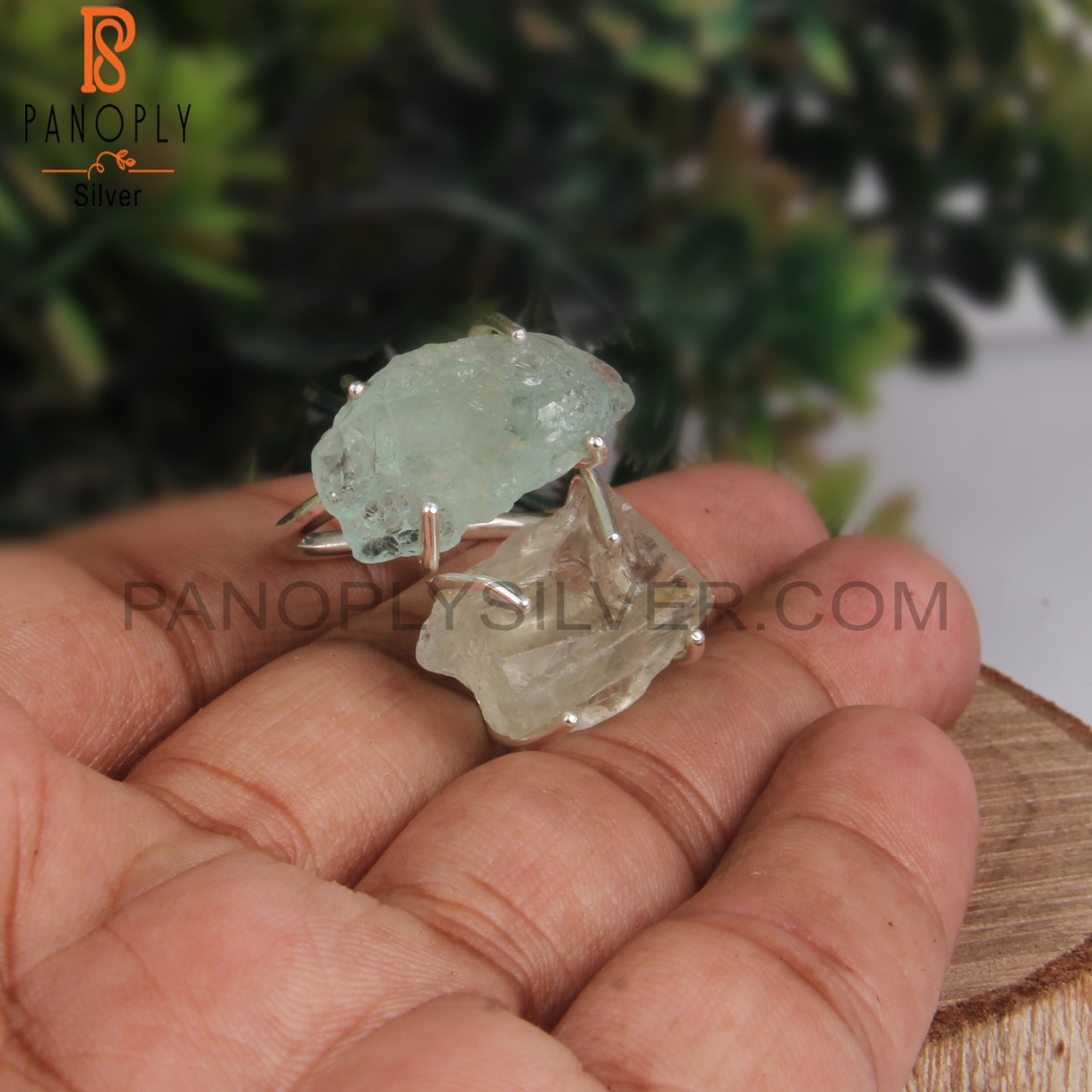 Aquamarine & Green Amethyst Rough 925 Sterling Silver Ring