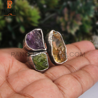 Amethyst, Citrine And Peridot Rough 925 Sterling Silver Ring