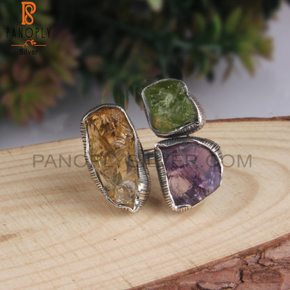 Amethyst, Citrine And Peridot Rough 925 Sterling Silver Ring