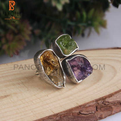 Amethyst, Citrine And Peridot Rough 925 Sterling Silver Ring