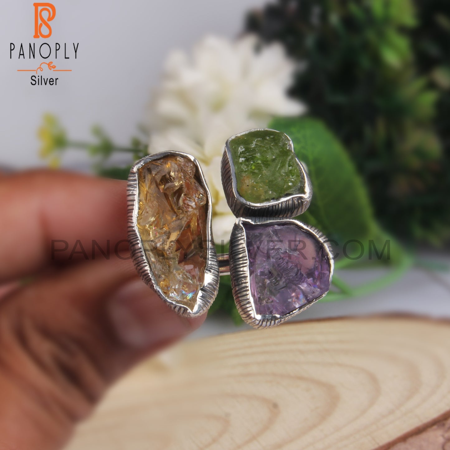 Amethyst, Citrine And Peridot Rough 925 Sterling Silver Ring