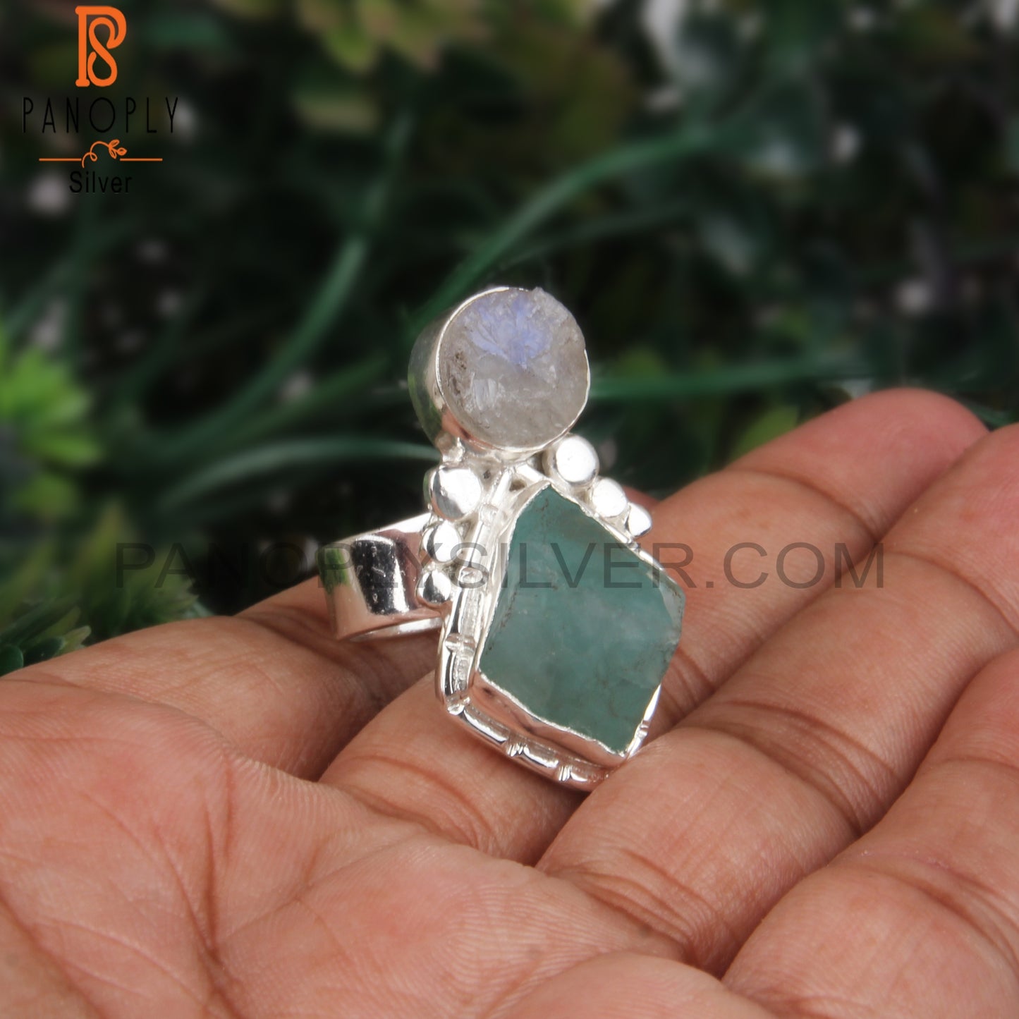 Apatite & Rainbow Moonstone Rough 925 Sterling Silver Ring