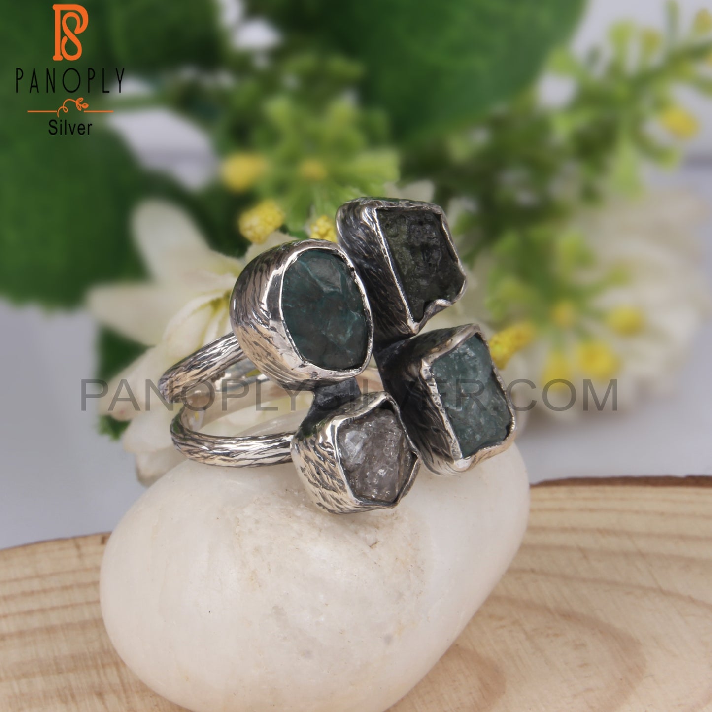 Moldavite Aquamarine Apatite, Herkimer Diamond 925 Silver Ring