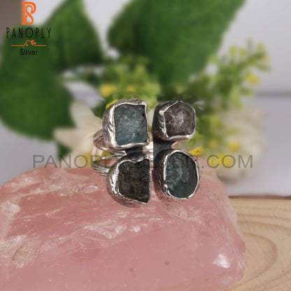 Moldavite Aquamarine Apatite, Herkimer Diamond 925 Silver Ring