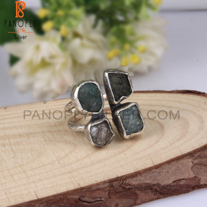 Moldavite Aquamarine Apatite, Herkimer Diamond 925 Silver Ring