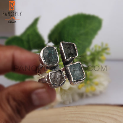 Moldavite Aquamarine Apatite, Herkimer Diamond 925 Silver Ring