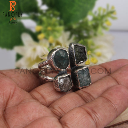 Moldavite Aquamarine Apatite, Herkimer Diamond 925 Silver Ring