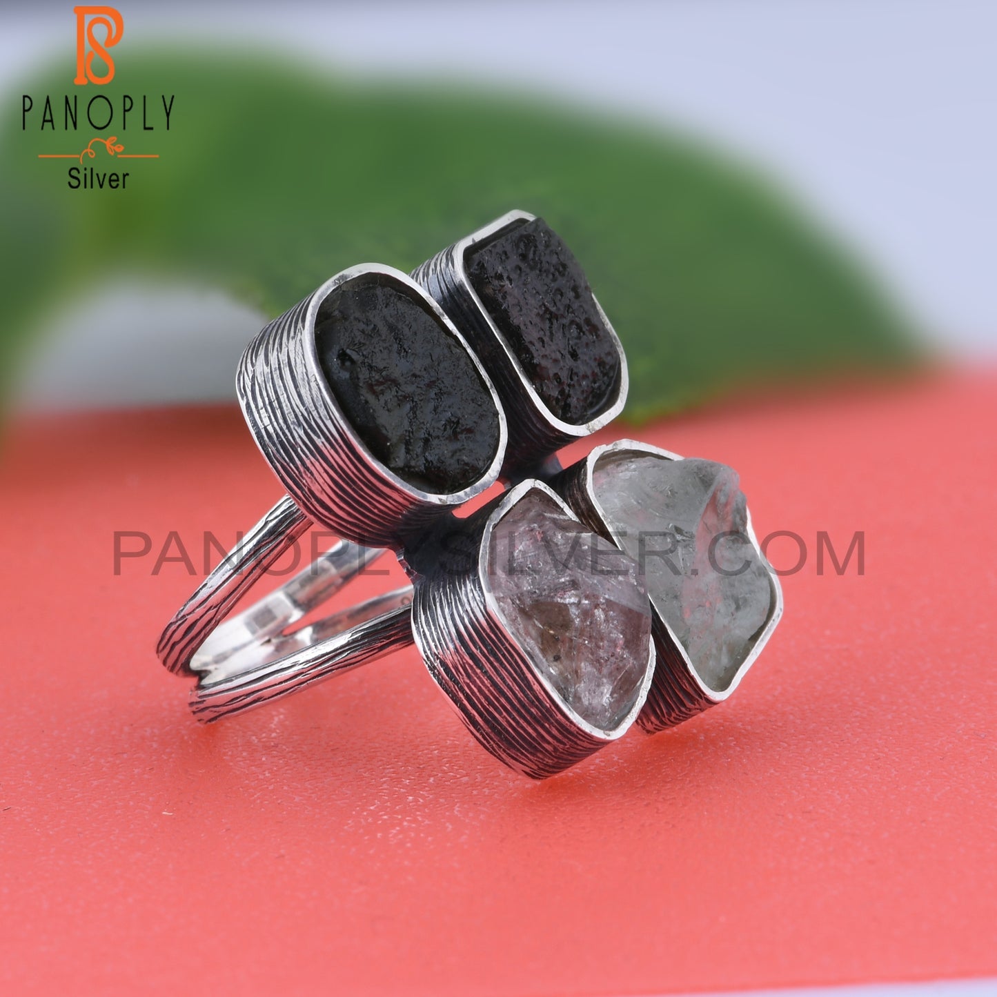 Herkimer Diamond Aquamarine Moldavite, Columbianite 925 Ring