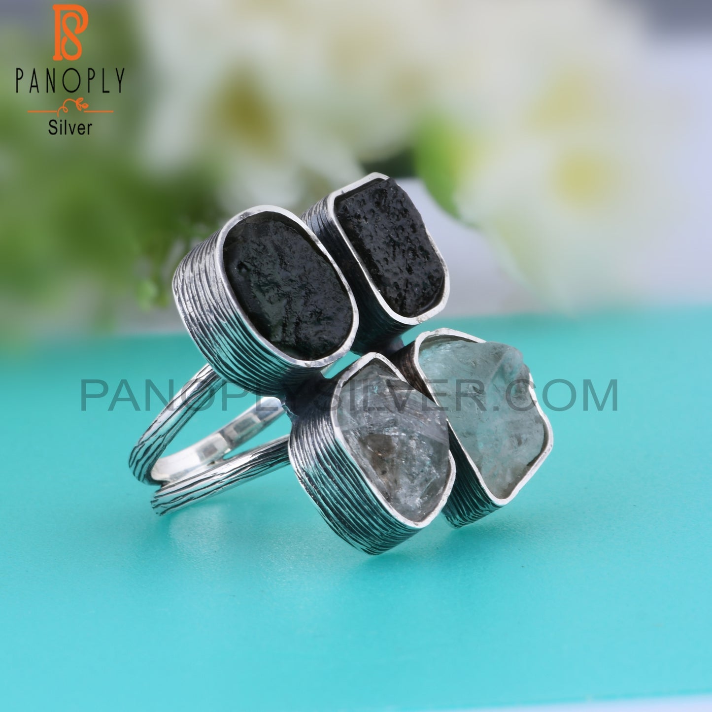 Herkimer Diamond Aquamarine Moldavite, Columbianite 925 Ring