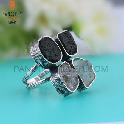 Herkimer Diamond Aquamarine Moldavite, Columbianite 925 Ring