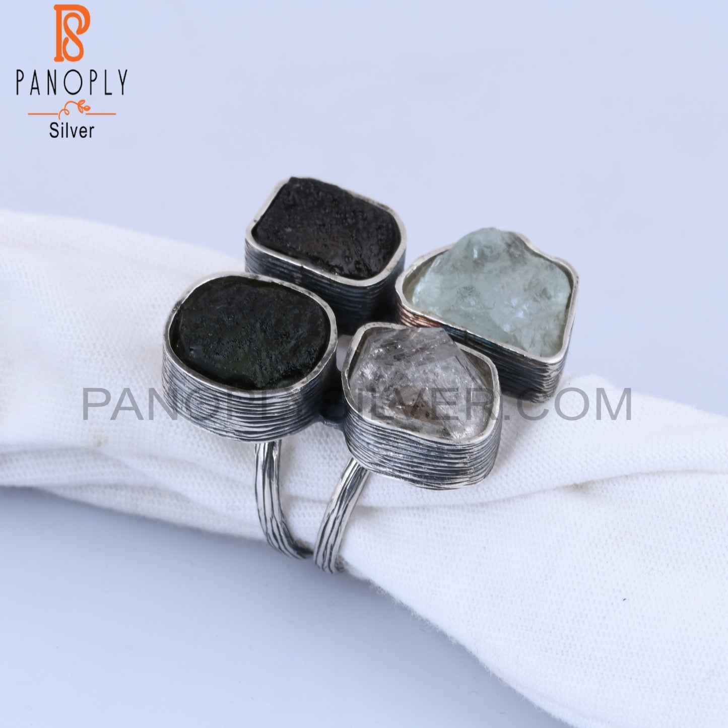 Herkimer Diamond Aquamarine Moldavite, Columbianite 925 Ring
