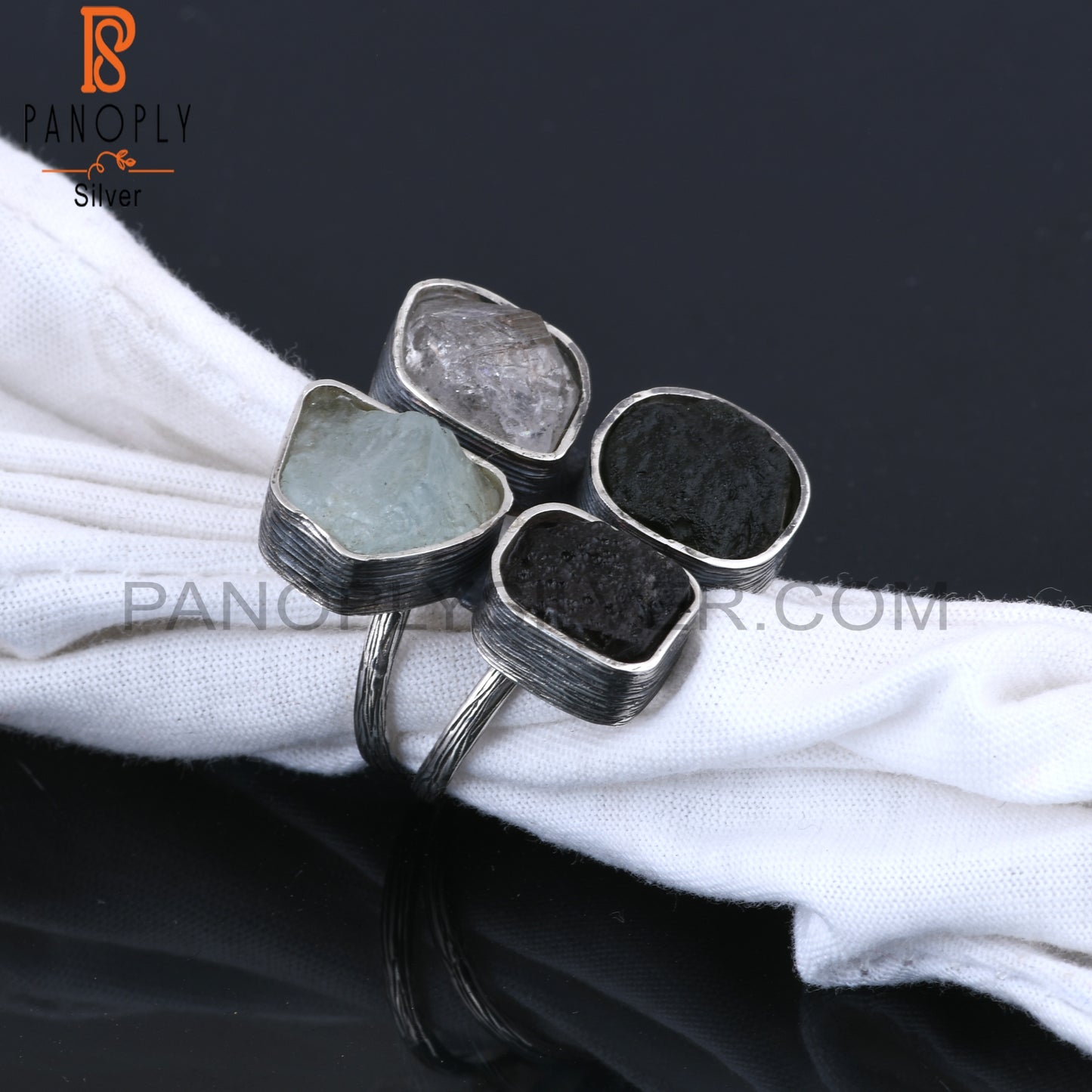 Herkimer Diamond Aquamarine Moldavite, Columbianite 925 Ring