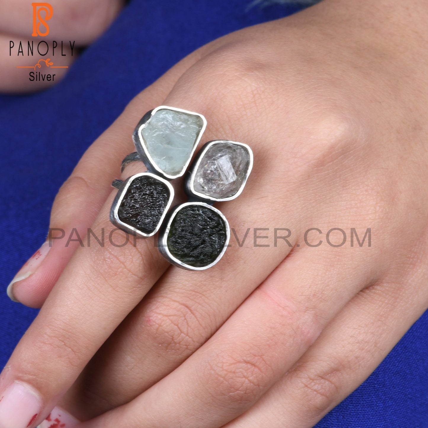 Herkimer Diamond Aquamarine Moldavite, Columbianite 925 Ring