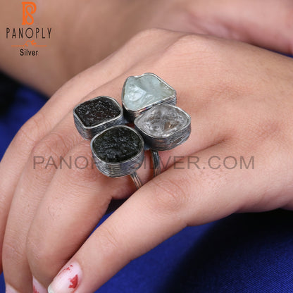 Herkimer Diamond Aquamarine Moldavite, Columbianite 925 Ring