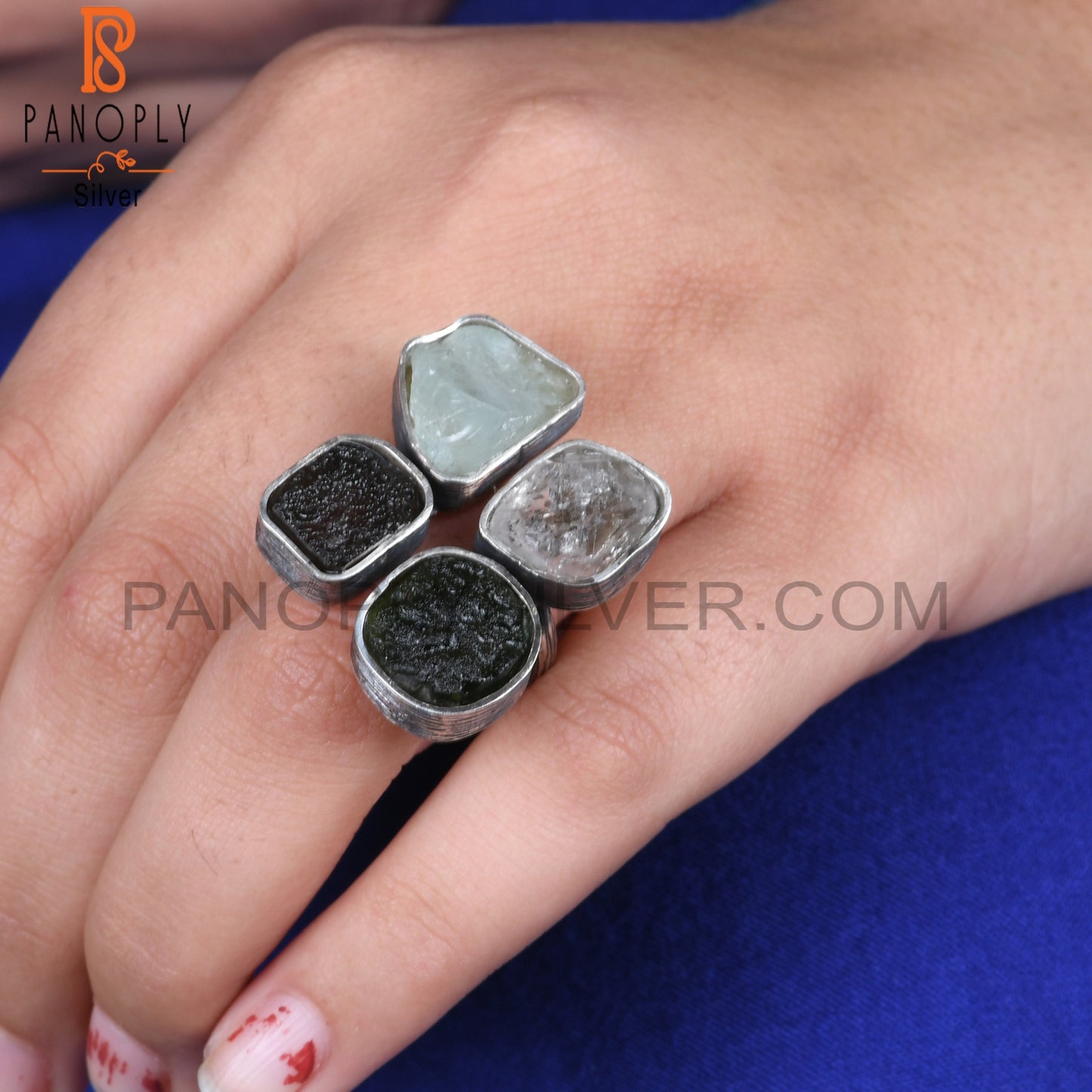 Herkimer Diamond Aquamarine Moldavite, Columbianite 925 Ring