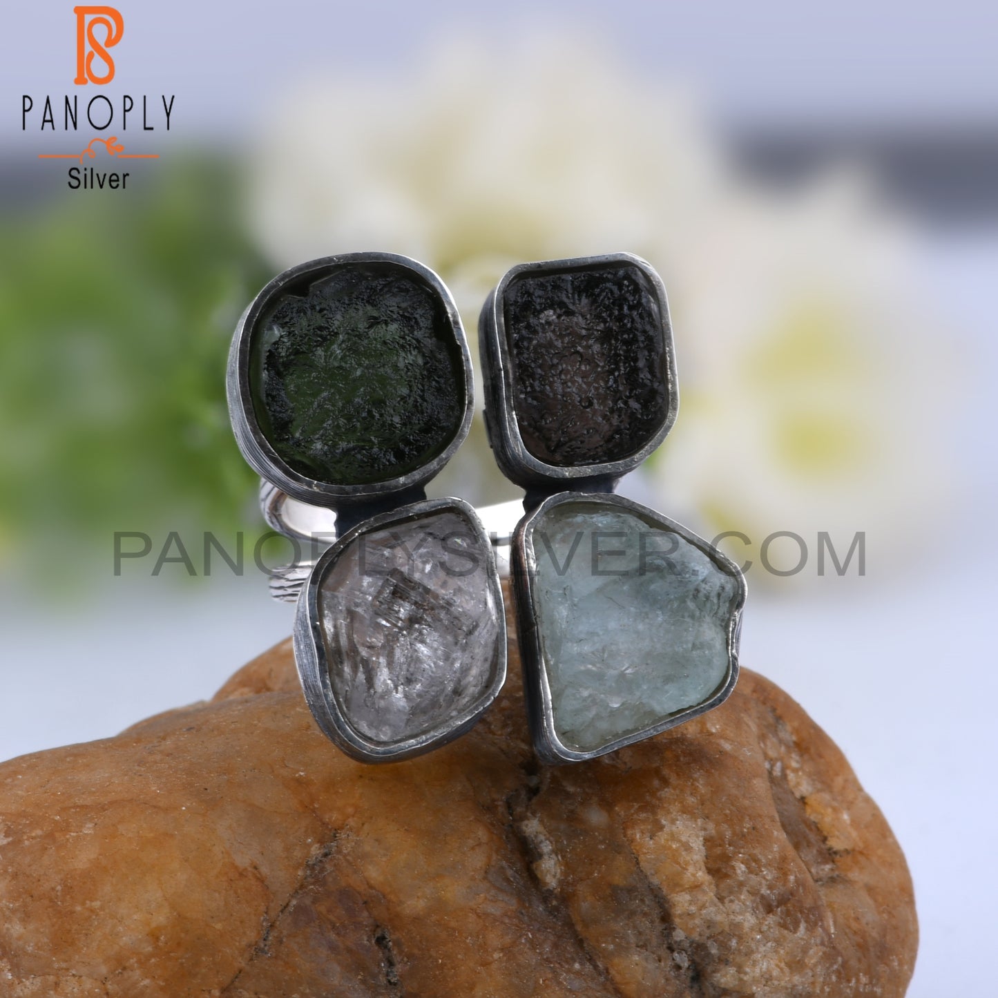 Herkimer Diamond Aquamarine Moldavite, Columbianite 925 Ring